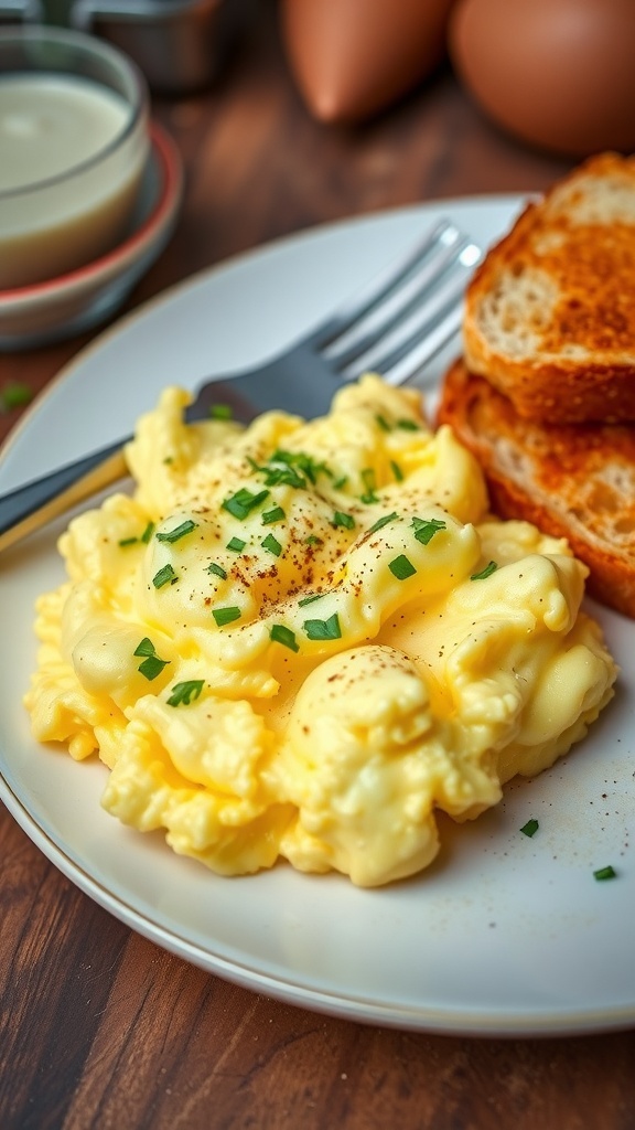 Quick Scrambled Eggs Recipe Fluffy scrambled eggs on a plate with herbs and toast in a rustic kitchen.